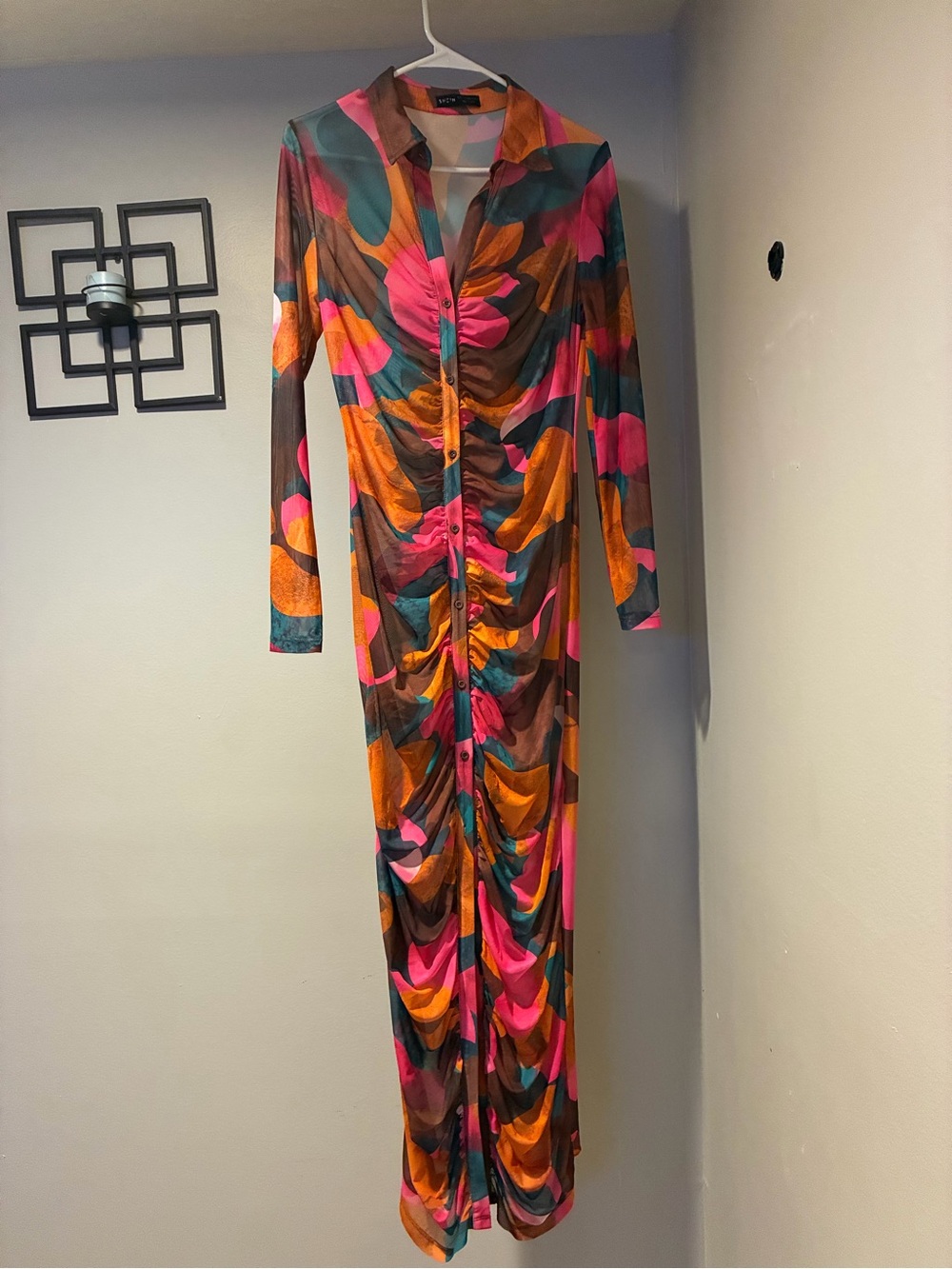SHEIN Multicolor Long Sleeve Ruched Button-Front Maxi Dress in Pink & Orange